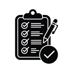 A black silhouette of a clipboard pen and checkmark symbol