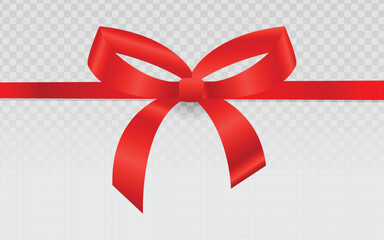 Realistic vector illustration of a bright red silk bow with a matching horizontal ribbon, featuring smooth folds and soft highlights. Perfect for gift wrapping, holiday packaging, sale banners