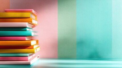 A vibrant stack of assorted books against a soft, pastel background, illustrating organization, education, and the joy of reading in a modern space.