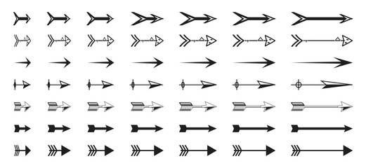 A collection of various black arrow icons. Collection of diverse arrow designs in a bold silhouette style.