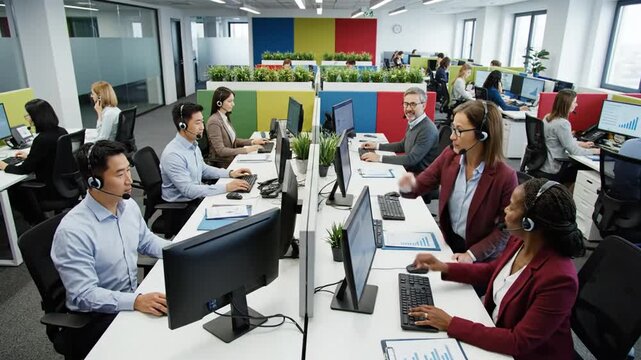 Open-plan office with rows of desks, diverse staff on computers, wearing headsets in a workspace!!!!