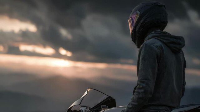 Person in biker gear and helmet on motorcycle overlooking scenic sunset, cinematic style, cloudy sky background, symbolizing freedom and solitude