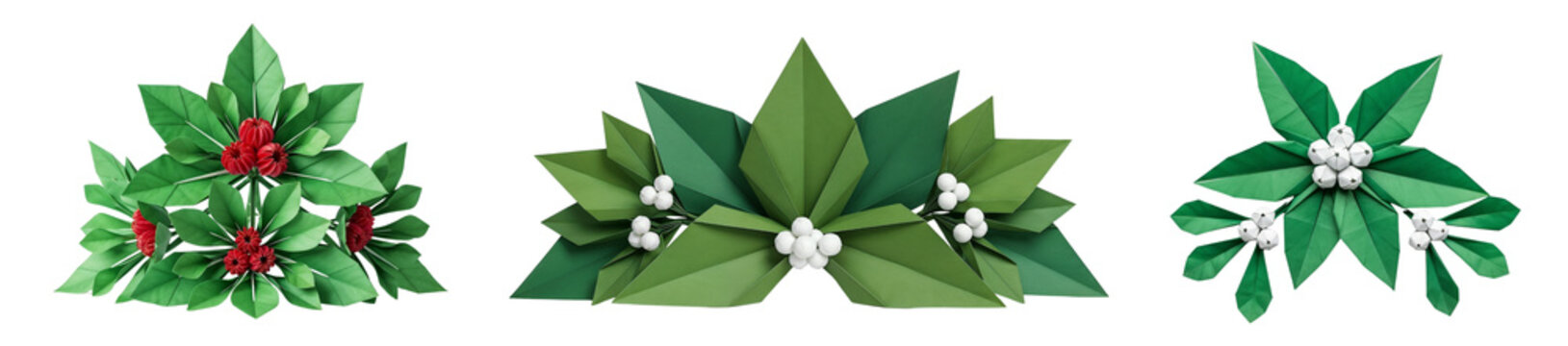 Set of handmade mistletoe decorations, paper applique and paper cutout styles, isolated on white	
