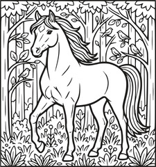 Elegant Horse in the Forest Coloring Page Vector Illustration: Beautiful Outline Art of a Majestic Equine in a Woodland Scene with Birds and Foliage, Black and White Line Drawing