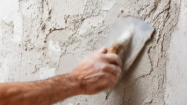 A forearm trowels wet plaster onto a rough wall, smoothing mortar with a metal blade, outdoors wide