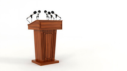 Professional Wooden Podium with Multiple Microphones Ready for Public Speaking Event