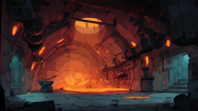 Fiery underground forge room with molten lava, glowing pipes, and stone walls in illustrated style, depicting a fantasy industrial concept