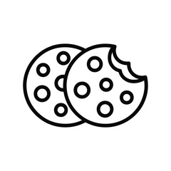 Simple black and white illustration of two chocolate chip cookies one bitten