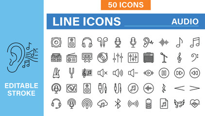 Audio Line Icons Set Featuring Music, Sound, Headphones, Microphone, Media Controls, Editable Stroke Vector Symbols for Multimedia Design Projects