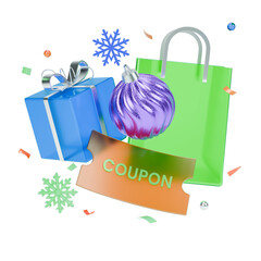 3d icon of christmas gift box with coupon card and shopping bag.