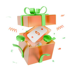 3d illustration of festive open gift box bursting with the dollar bills and coins representing special promotion and financial bonuses.