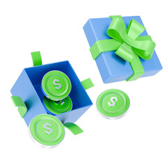 3d icon of festive open gift box bursting with the dollar coins representing special promotion and financial bonuses.