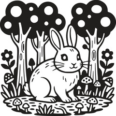 Cute Rabbit in Forest Silhouette Vector Illustration: Adorable Bunny Clipart in Simple Black and White Woodland Scene with Mushrooms, Trees, and Flowers