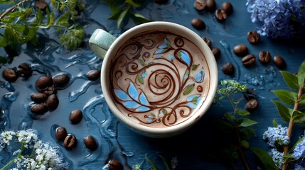 Delicate floral latte art on coffee surface in ceramic cup on wet blue background with scattered coffee beans and fresh plants