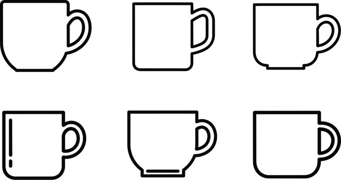 Collection of six simple black outline icons representing various styles of coffee mugs and teacups for beverage design