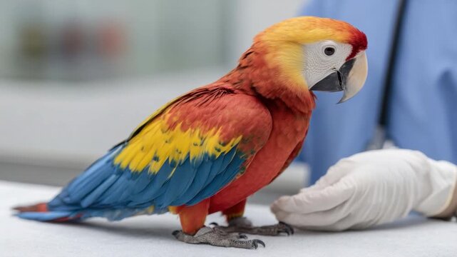 Colorful Macaw Parrot Sitting on Table in Veterinary Office with Human Hand in Protective Glove 4k video footage