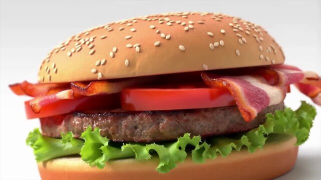 Cinematic Slow Motion of Deconstructed Burger Ingredients Assembling and Stacking on White Background