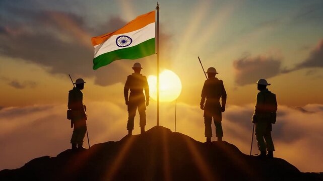 Indian Soldiers Standing Proudly on Mountain Peak at Sunrise with Indian Flag &mdash; Patriotic Cinematic 4K Video