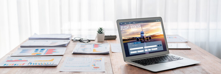 Online flight booking website provide brisk reservation system . Travel technology concept .