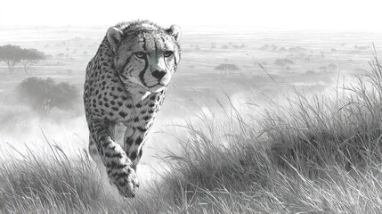 Elegant cheetah walking through tall grass in a monochromatic landscape