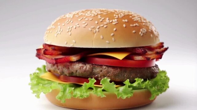 Cinematic Slow Motion of Deconstructed Burger Ingredients Assembling and Stacking on White Background