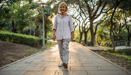 Fototapeta premium Vibrant senior woman with a knee brace confidently strides through a sundrenched park, embodying resilience, rehabilitation, and active independent living.