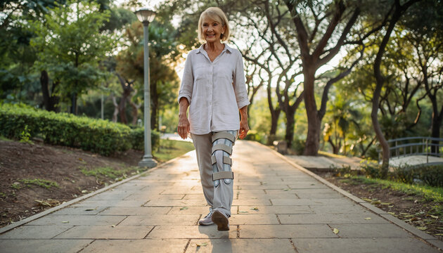 Vibrant senior woman with a knee brace confidently strides through a sundrenched park, embodying resilience, rehabilitation, and active independent living.