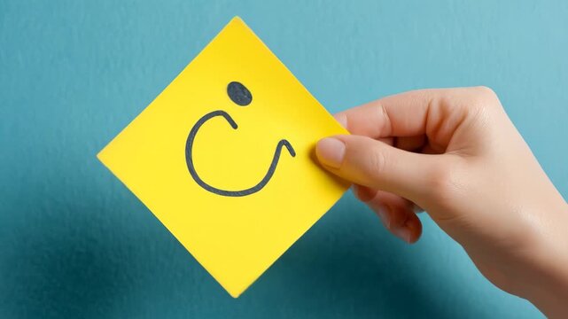 A cheerful hand holds a yellow card with a smiley face, A cheerful hand holds a yellow card featuring a smiley face