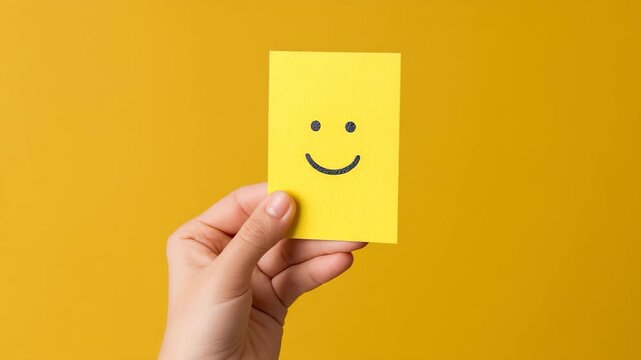 A cheerful hand holds a yellow card with a smiley face, A cheerful hand holds a yellow card featuring a smiley face