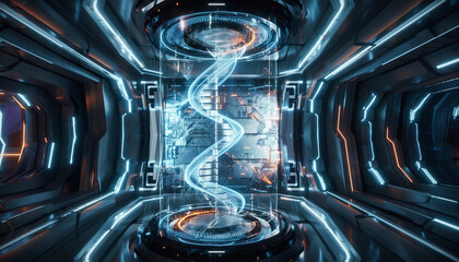 Futuristic laboratory with a glowing blue energy helix at its core, surrounded by advanced tech and sleek metallic surfaces.