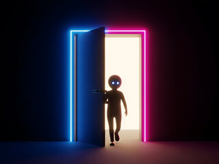 Obraz premium Mysterious Figure Entering a Neon Futuristic Portal