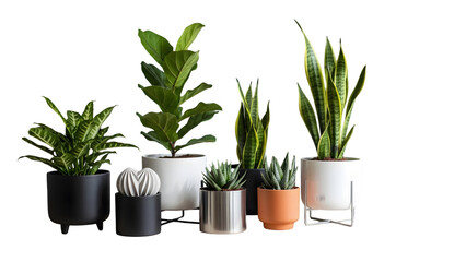Collection of various potted plants on a white background.