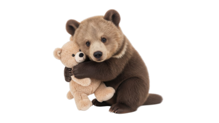 Cute Young Brown Bear Cub Hugging a Teddy Bear isolated PNG with Transparent Background