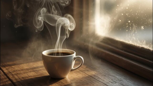 Warm coffee steaming in a cozy cafe on a chilly morning by the window