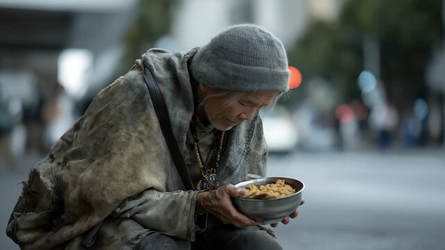 Feeding the hungry during famine relief efforts in urban areas amidst growing homelessness and struggles for basic needs