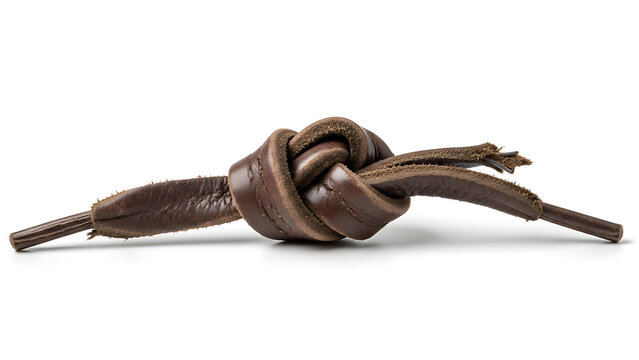 Close-up shot of a tightly tied leather shoelace knot against a white background