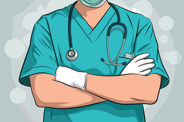 Healthcare professional in turquoise scrubs with stethoscope and mask, confident pose.
