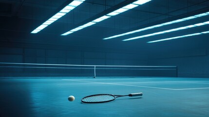 Futuristic tennis court with racket and ball under neon lights, evoking a sense of advanced technology and sport