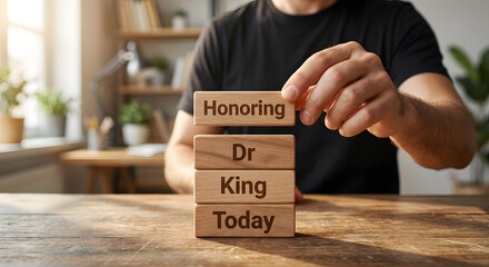 Person Stacking Wooden Blocks with Inspirational Words in a Cozy Home Office Environment