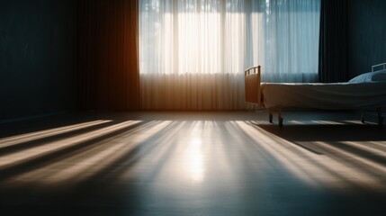 A serene hospital room is gently illuminated by sun rays streaming through sheer curtains, creating soft shadows that evoke a sense of calm and solace.