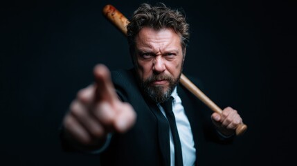 A fierce-looking man wielding a baseball bat in a dark setting, portraying raw emotion and tension, inviting viewers to explore themes of conflict and aggression.