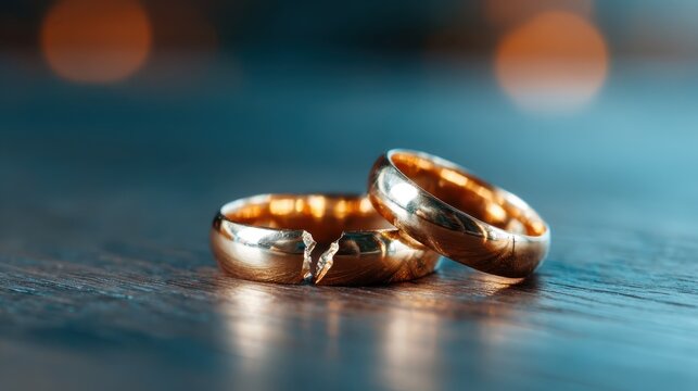 This poignant image displays two broken wedding rings on a wooden surface, symbolizing the end of a relationship and the emotional weight that accompanies divorce.