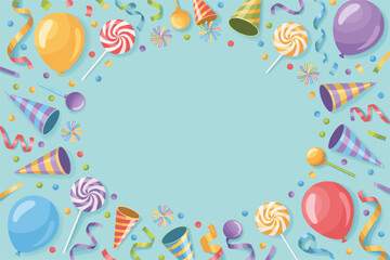 Festive party border with balloons, hats, lollipops, and confetti on turquoise.