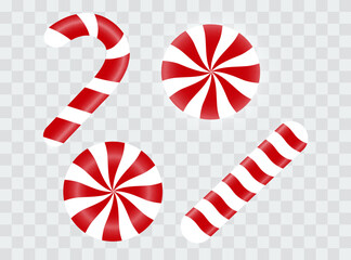 Fototapeta premium Realistic Christmas candy cane on a transparent background. Christmas vector illustration for holiday banners, cards, party posters. Eps 10