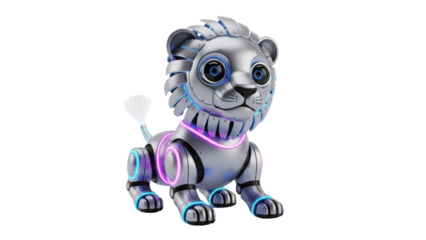 Futuristic Silver Robotic Lion Toy with Neon Blue and Magenta Lights isolated PNG with Transparent Background