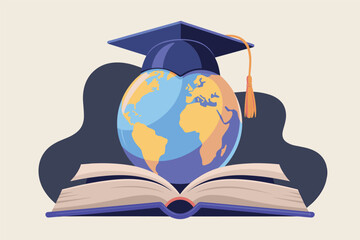 Globe with graduation cap above open book, symbolizing global education.
