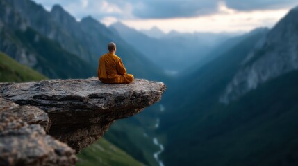 A contemplative monk sits on a cliff edge high above a lush valley, embracing the stillness of nature and seeking enlightenment amidst breathtaking mountain scenery.