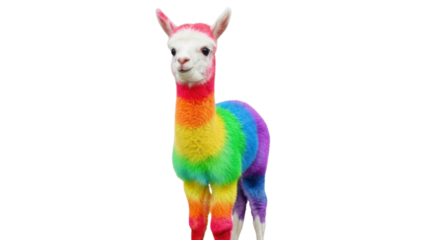 Cute Alpaca with Vibrant Rainbow Colored Fur Standing isolated PNG with Transparent Background