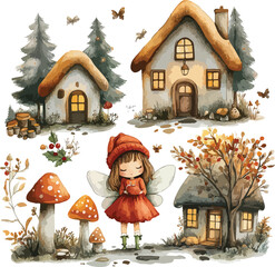 Little girl in a gingerbread house village winter landscape with Christmas tree decoration and sweet candy snow