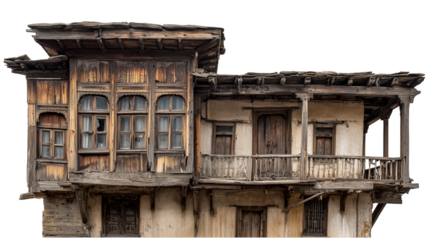Ancient architectural detail of a weathered wooden house with intricate carvings and worn balcony structure.